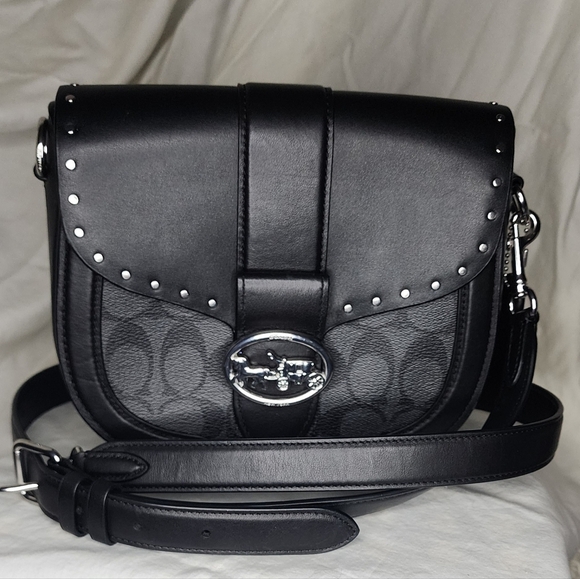 NEW Coach Georgie Saddle Bag In Colorblock Signature Canvas With Rivets Black - Picture 5 of 10